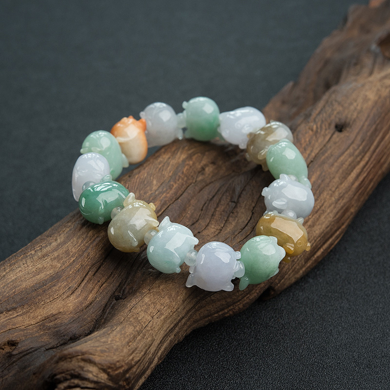 糯种福禄寿翡翠小猪单圈手串-红掌柜