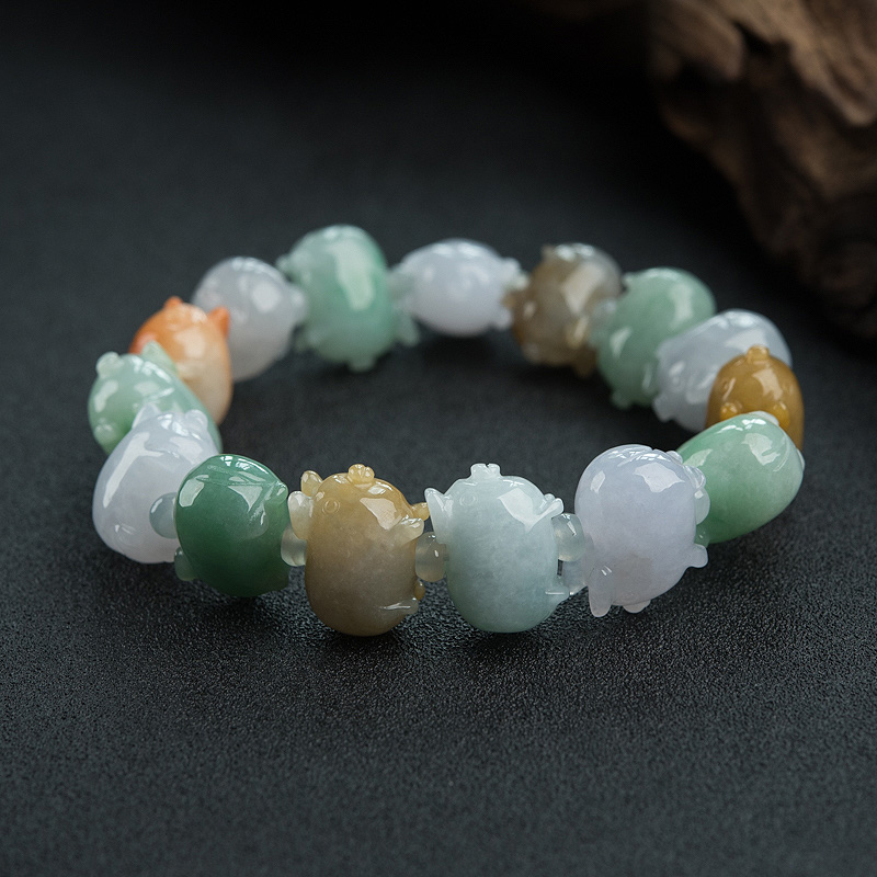天然糯种福禄寿翡翠小猪单圈手串-红掌柜