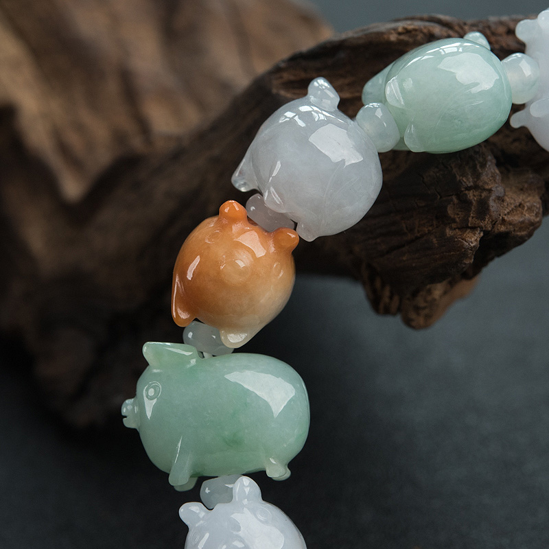 糯种福禄寿翡翠小猪单圈手串-红掌柜