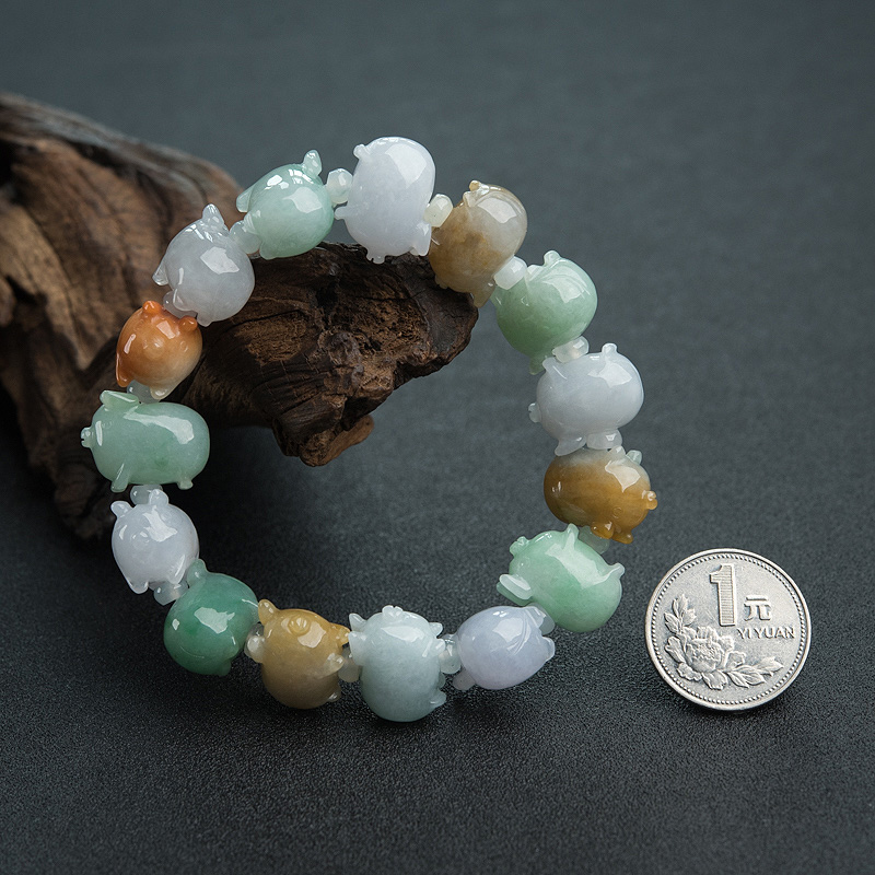 天然糯种福禄寿翡翠小猪单圈手串-红掌柜