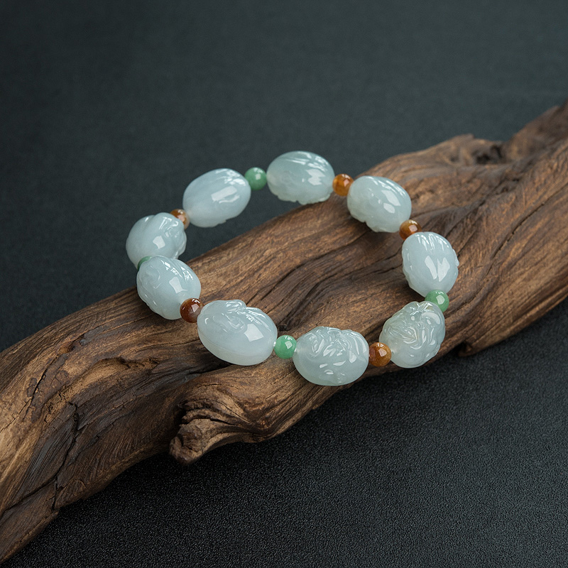 缅甸天然糯种浅绿翡翠罗汉头单圈手串-红掌柜