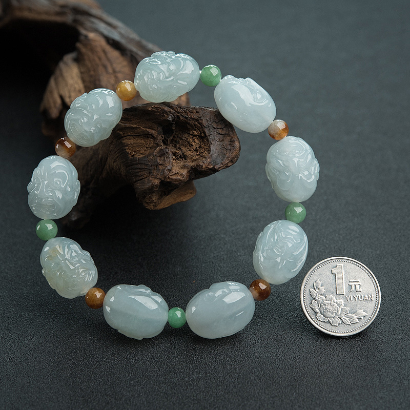 缅甸天然糯种浅绿翡翠罗汉头单圈手串-红掌柜