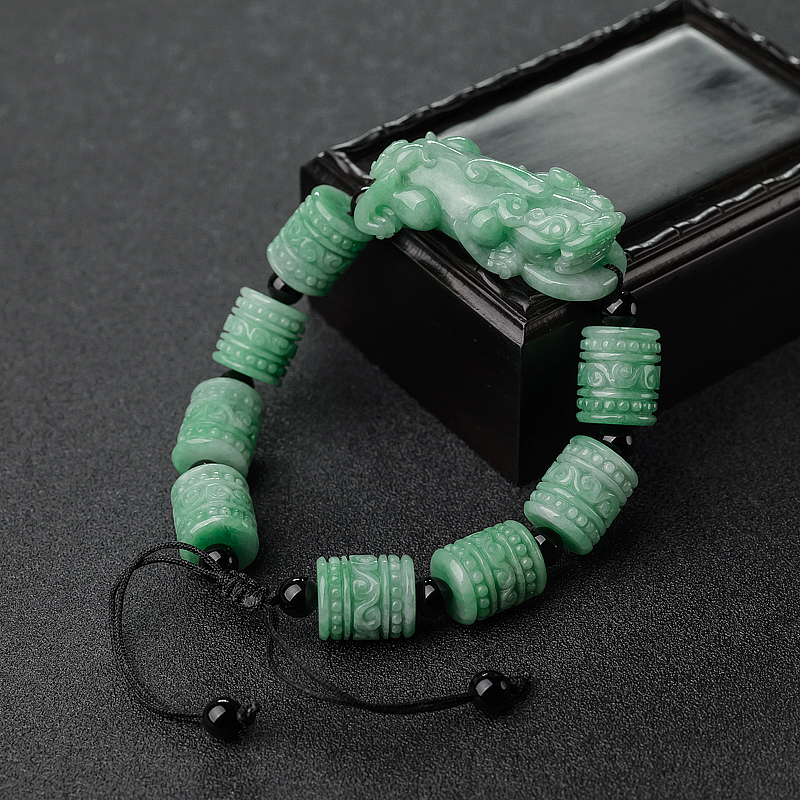 豆种豆绿翡翠貔貅桶珠单圈手串-红掌柜