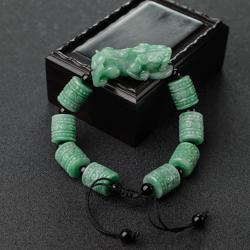缅甸豆绿翡翠貔貅桶珠单圈手串-红掌柜