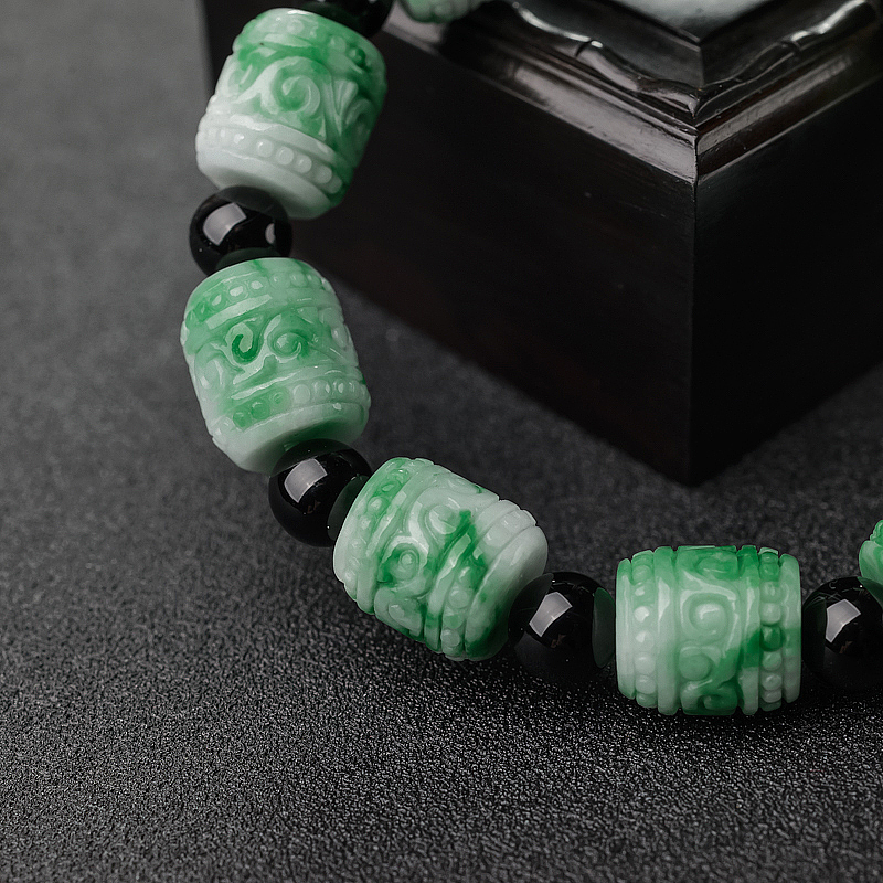 缅甸糯种飘翠翡翠桶珠单圈手串-红掌柜