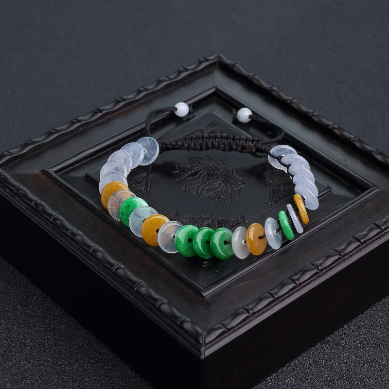 天然糯冰种福禄寿翡翠平安扣单圈手串-红掌柜