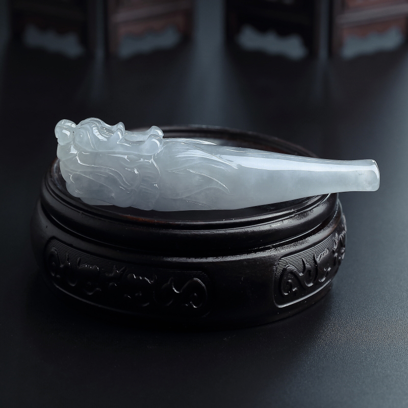 缅甸A货天然糯种淡蓝翡翠烟嘴 - 红掌柜