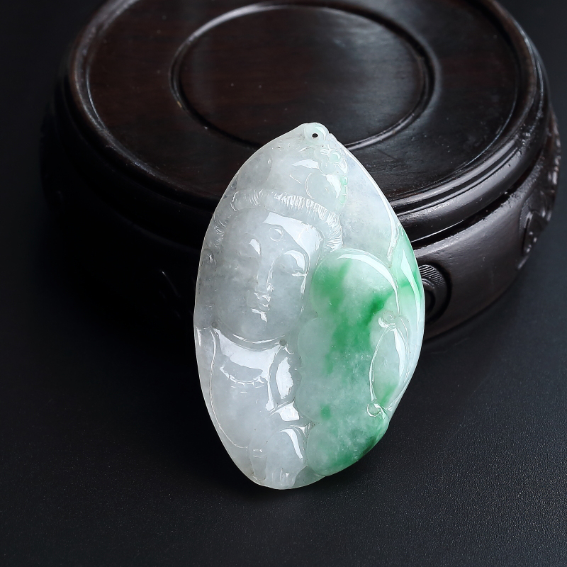 缅甸A货天然糯种飘绿翡翠观音吊坠 - 红掌柜