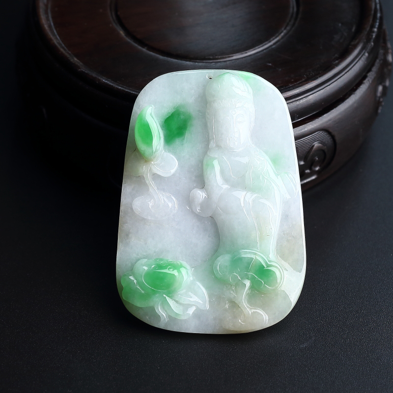 缅甸A货天然糯种飘绿翡翠观音吊坠 - 红掌柜