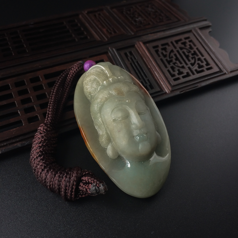 天然糯种灰绿色飘黄翡翡翠观音吊坠-红掌柜