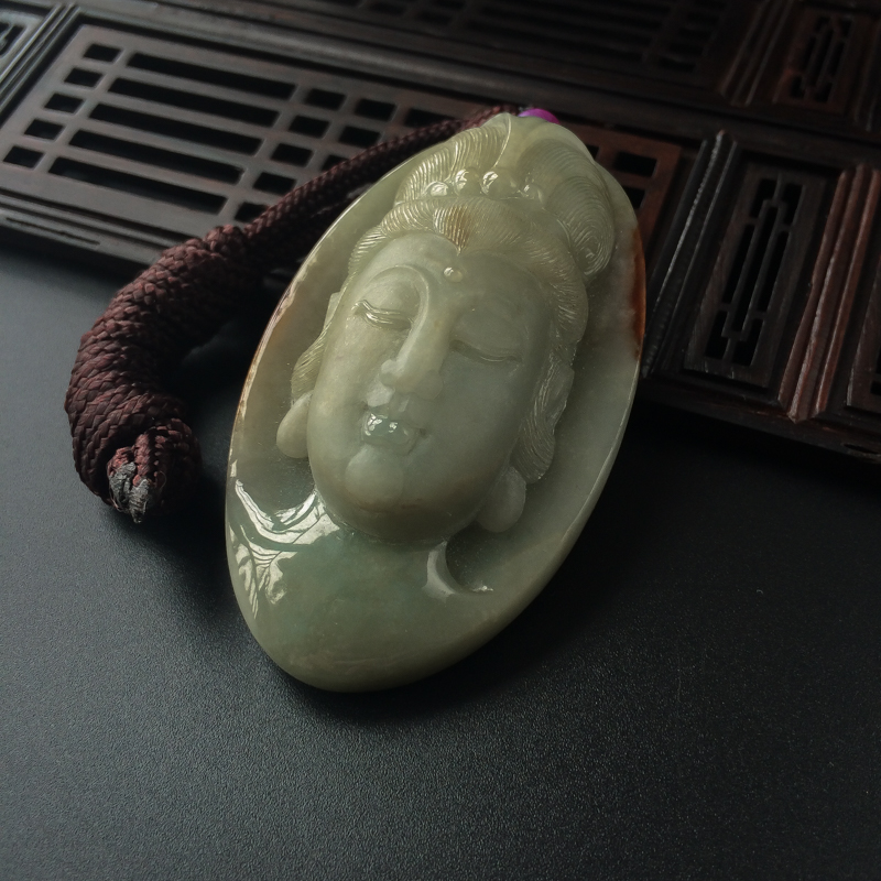 缅甸糯种灰绿色飘黄翡翡翠观音吊坠-红掌柜