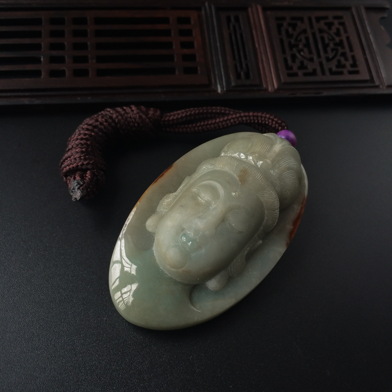 缅甸天然糯种飘黄翡翡翠观音吊坠-红掌柜
