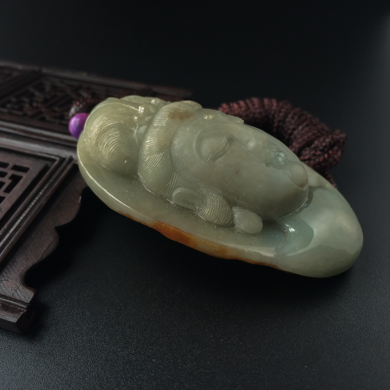 缅甸天然糯种灰绿色飘黄翡翡翠吊坠-红掌柜