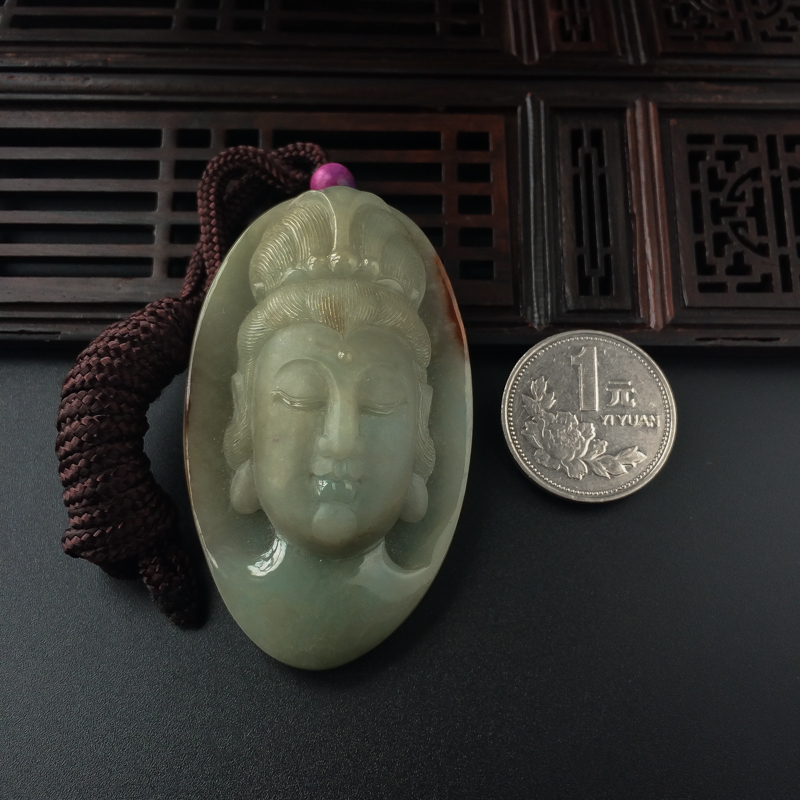 糯种灰绿色飘黄翡翡翠观音吊坠-红掌柜