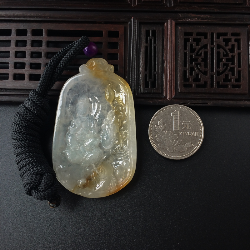 冰糯种飘黄翡翡翠观音吊坠-红掌柜