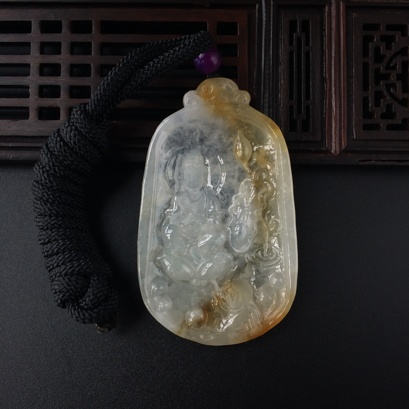 缅甸天然冰糯种飘黄翡翡翠观音吊坠-红掌柜