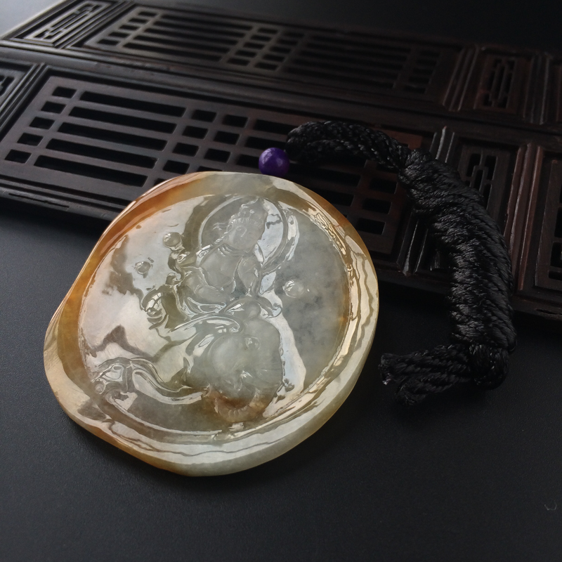 天然糯种飘黄翡翡翠普贤菩萨吊坠-红掌柜