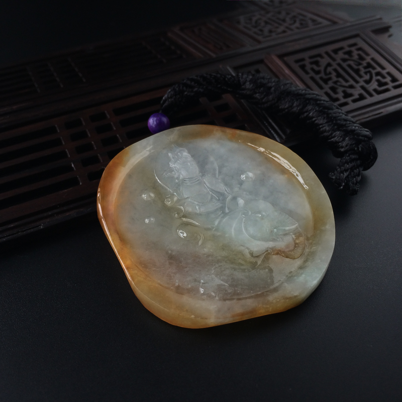 缅甸糯种飘黄翡翡翠普贤菩萨吊坠-红掌柜