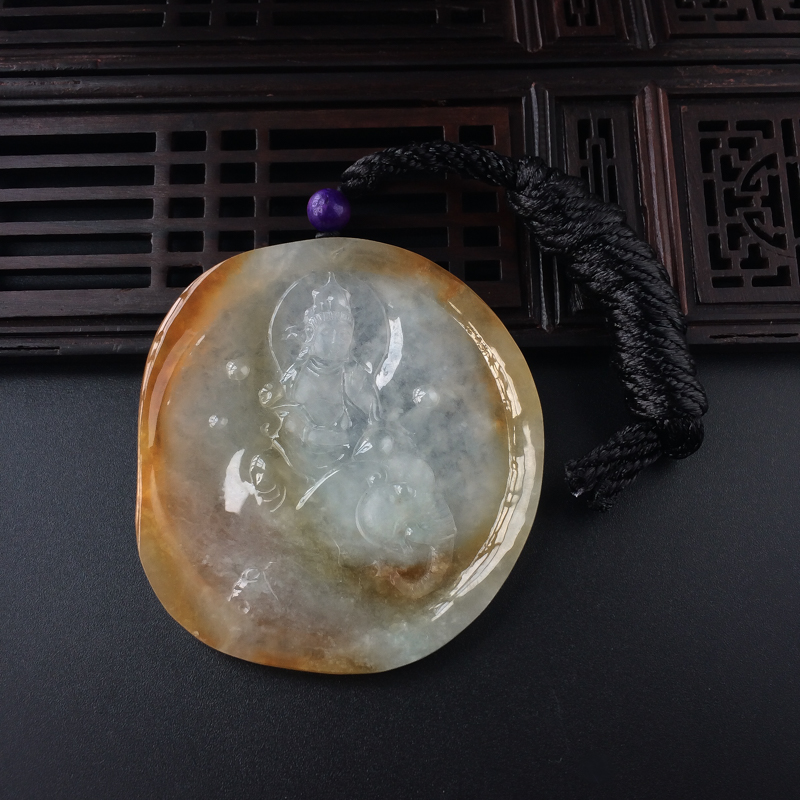 缅甸天然糯种飘黄翡翡翠普贤菩萨吊坠-红掌柜