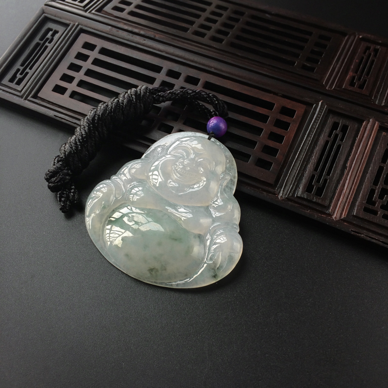 天然糯冰种飘花翡翠弥勒佛吊坠-红掌柜