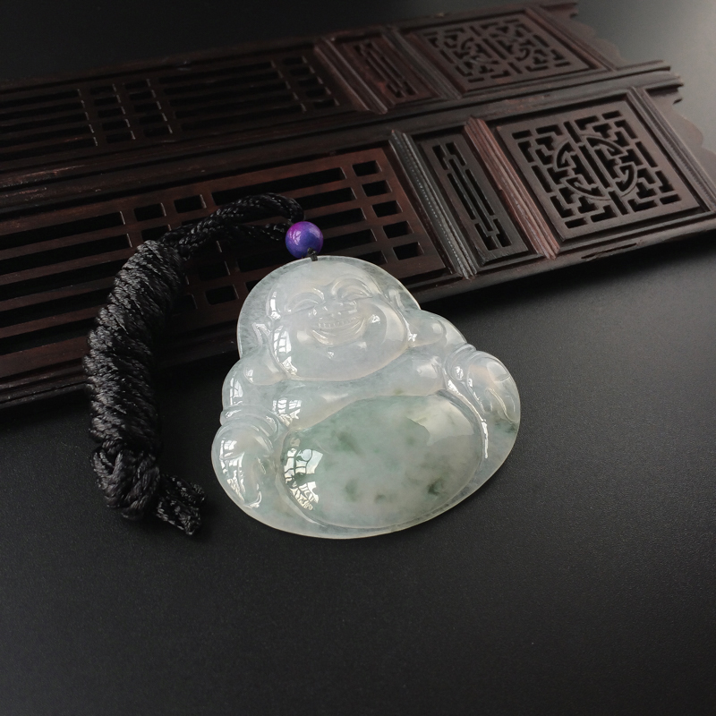 缅甸糯冰种飘花翡翠弥勒佛吊坠-红掌柜