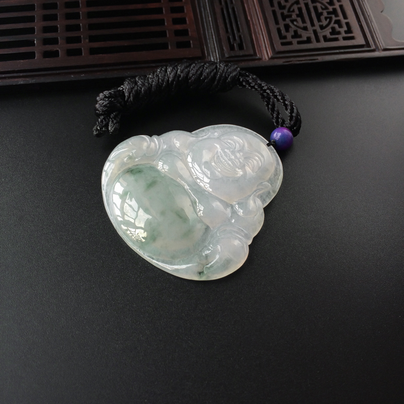 缅甸天然飘花翡翠弥勒佛吊坠-红掌柜