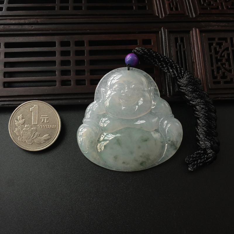糯冰种飘花翡翠弥勒佛吊坠-红掌柜