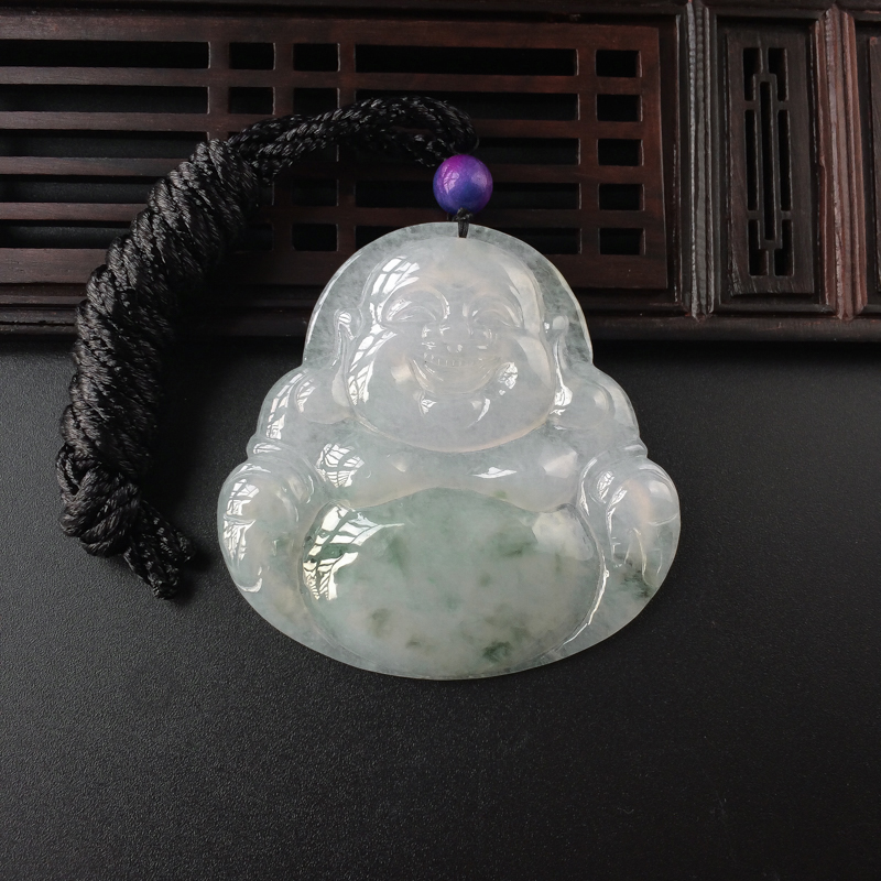 缅甸天然糯冰种飘花翡翠弥勒佛吊坠-红掌柜