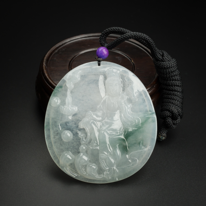 缅甸天然糯种飘花翡翠观音吊坠-红掌柜