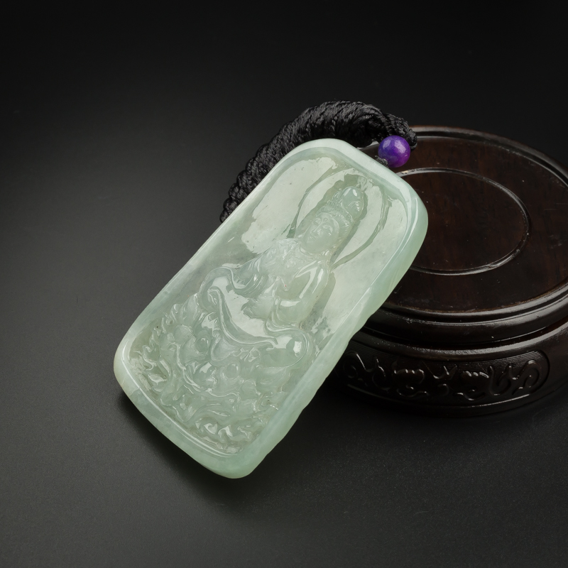 缅甸糯种浅绿翡翠观音牌吊坠-红掌柜