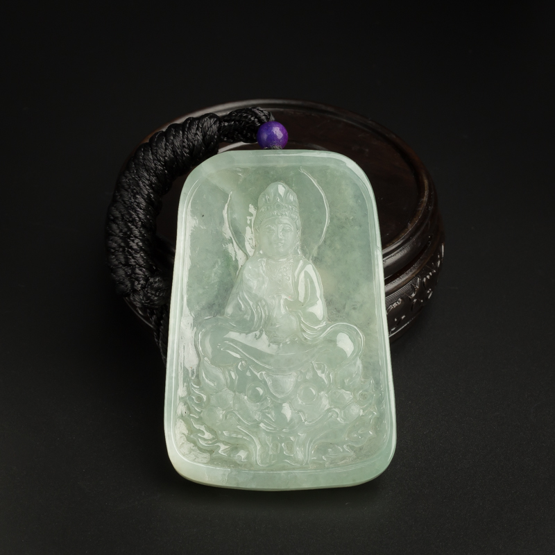 缅甸天然糯种浅绿翡翠观音牌吊坠-红掌柜