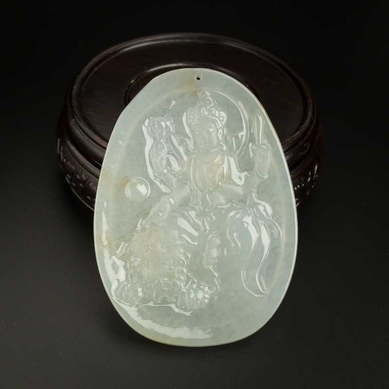 缅甸天然糯种浅绿翡翠文殊菩萨吊坠-红掌柜