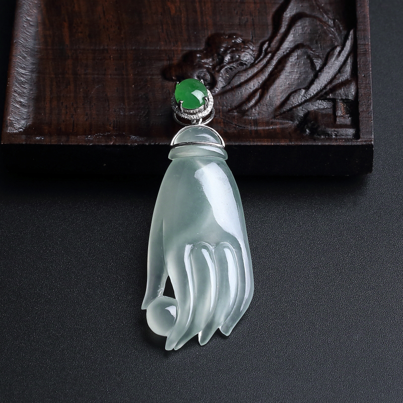 18K镶冰糯种淡绿翡翠佛手吊坠-红掌柜