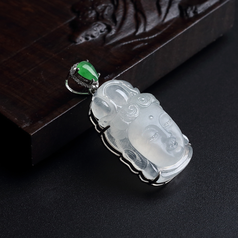 缅甸天然冰糯种观音头像吊坠-红掌柜