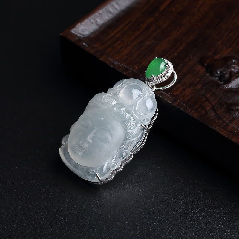 18K镶缅甸冰糯种观音头像吊坠-红掌柜