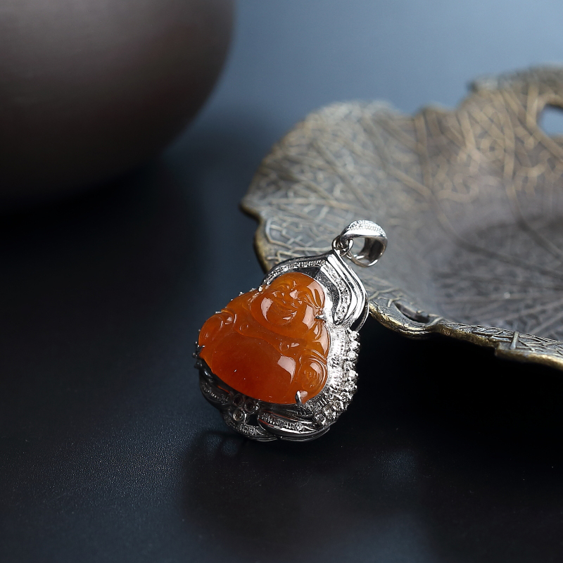 天然18K金镶钻糯种红翡弥勒佛吊坠 - 红掌柜