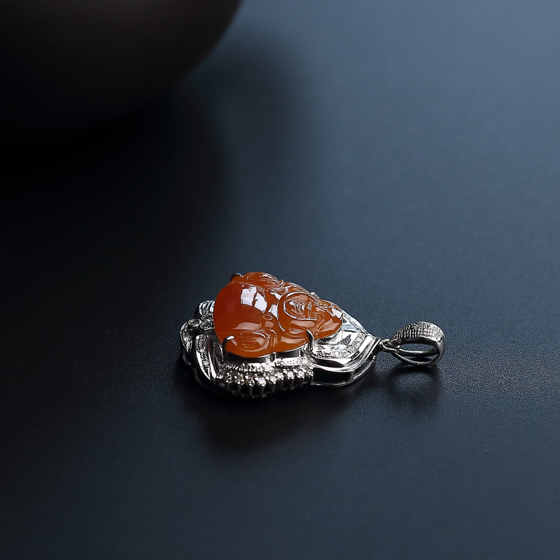 K金镶钻糯种红翡弥勒佛吊坠 - 红掌柜