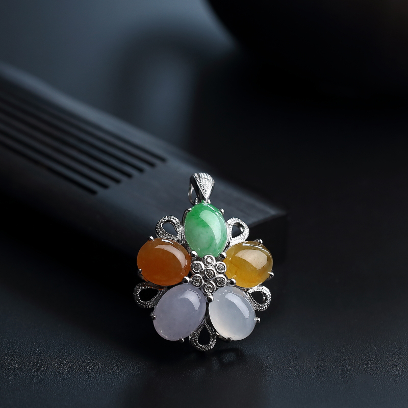 缅甸A货天然18K金镶钻冰糯种翡翠福禄寿花吊坠 - 红掌柜