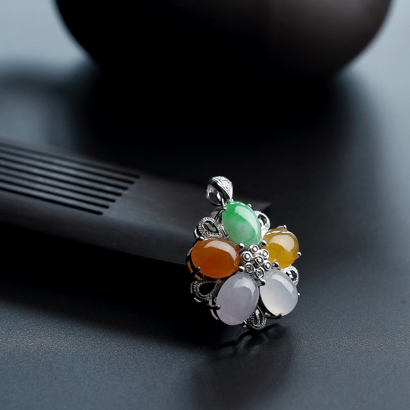 天然18K金镶钻冰糯种翡翠福禄寿花吊坠 - 红掌柜