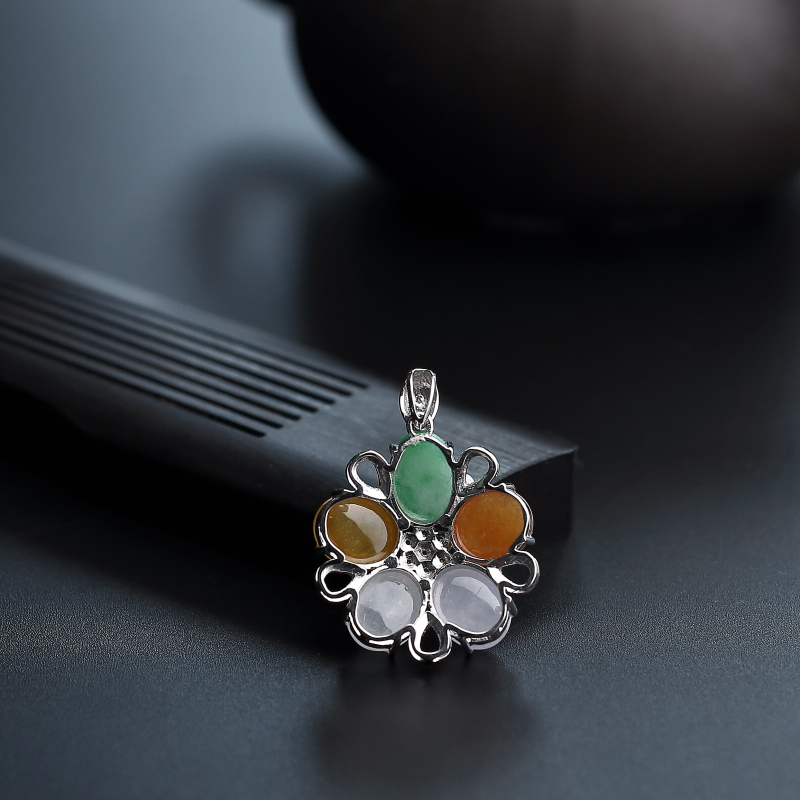 18K金镶钻冰糯种翡翠福禄寿花吊坠 - 红掌柜