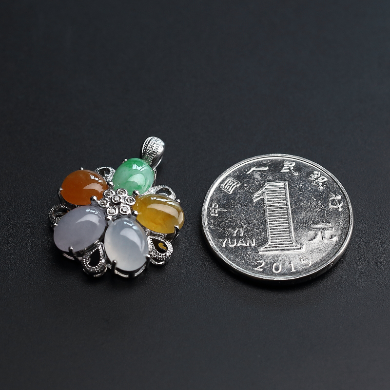 18K金镶钻冰糯种翡翠花吊坠 - 红掌柜