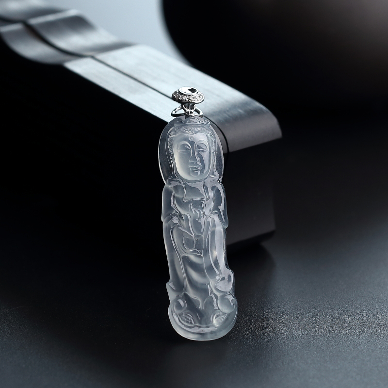 天然18K金镶钻冰种翡翠观音吊坠 - 红掌柜