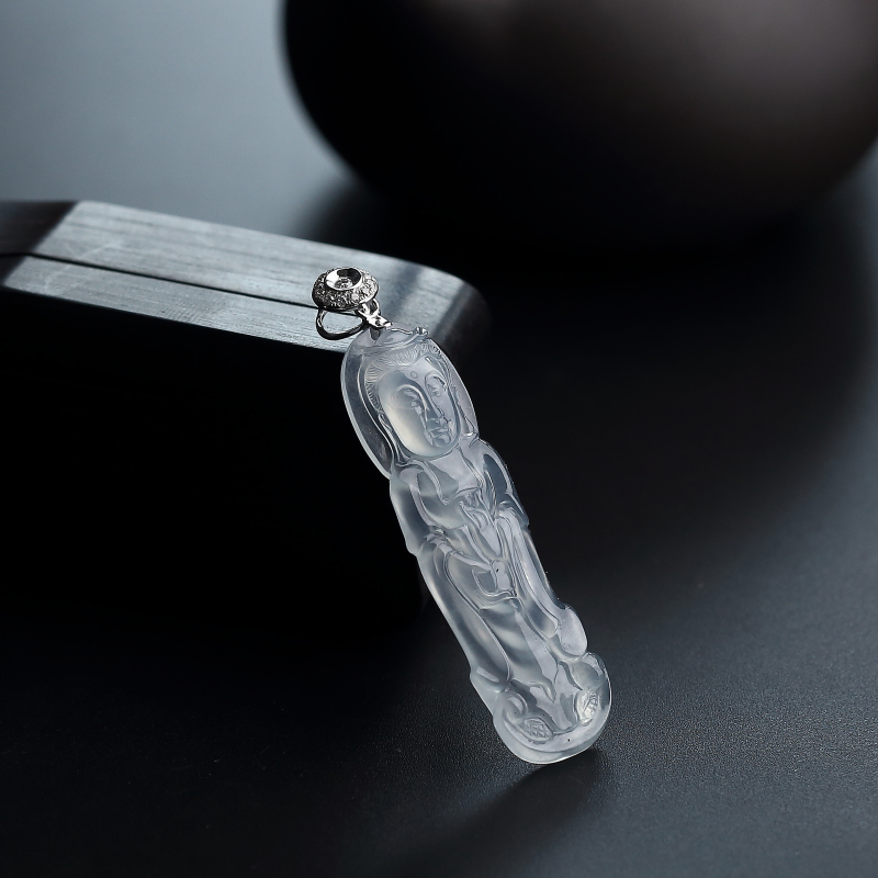 18K金镶钻冰种翡翠观音吊坠 - 红掌柜