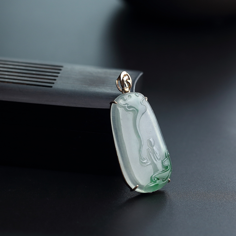 天然18K金镶糯种飘花翡翠悟道吊坠 - 红掌柜