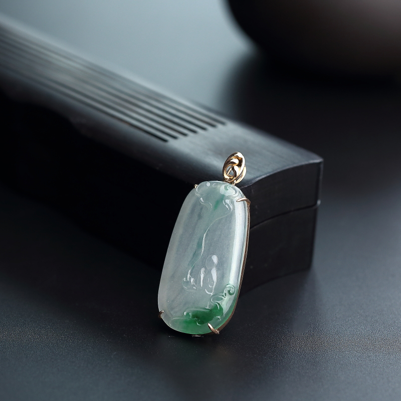18K金镶糯种飘花翡翠悟道吊坠 - 红掌柜