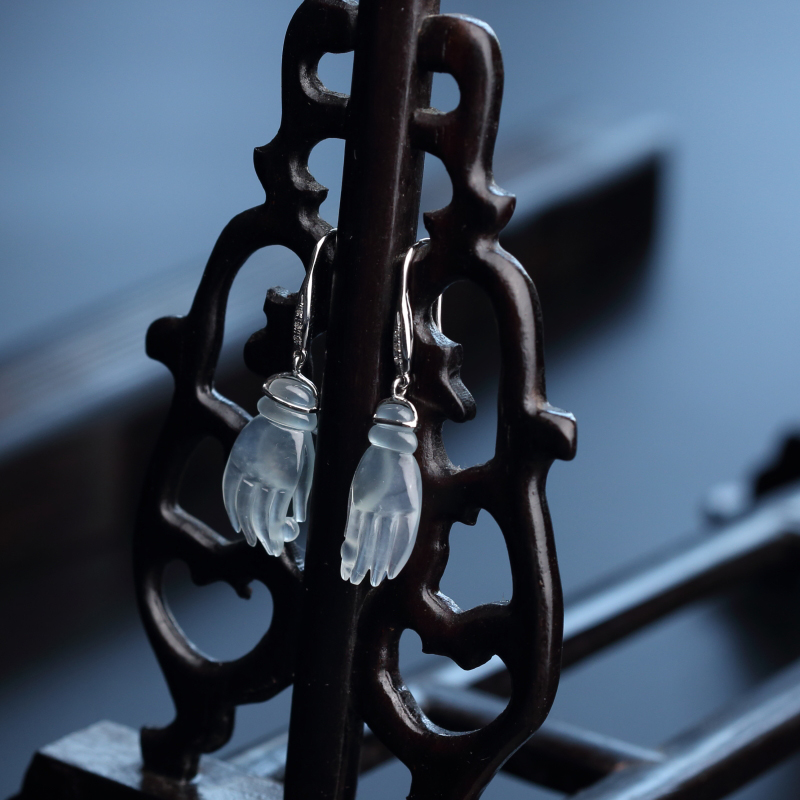 18K金镶佛手翡翠耳坠-红掌柜