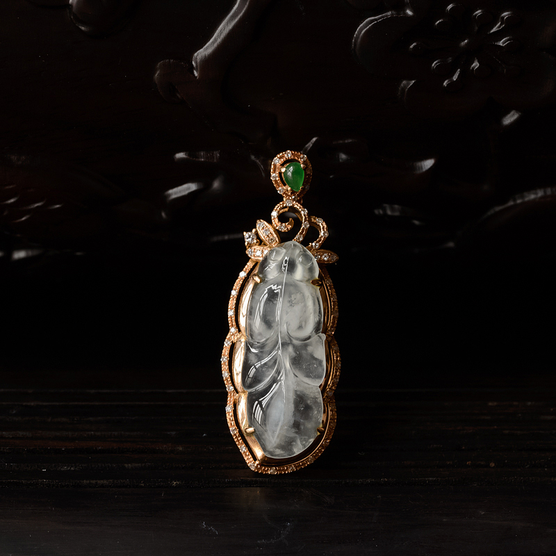 18K镶钻缅甸天然冰种翡翠金鱼吊坠-红掌柜