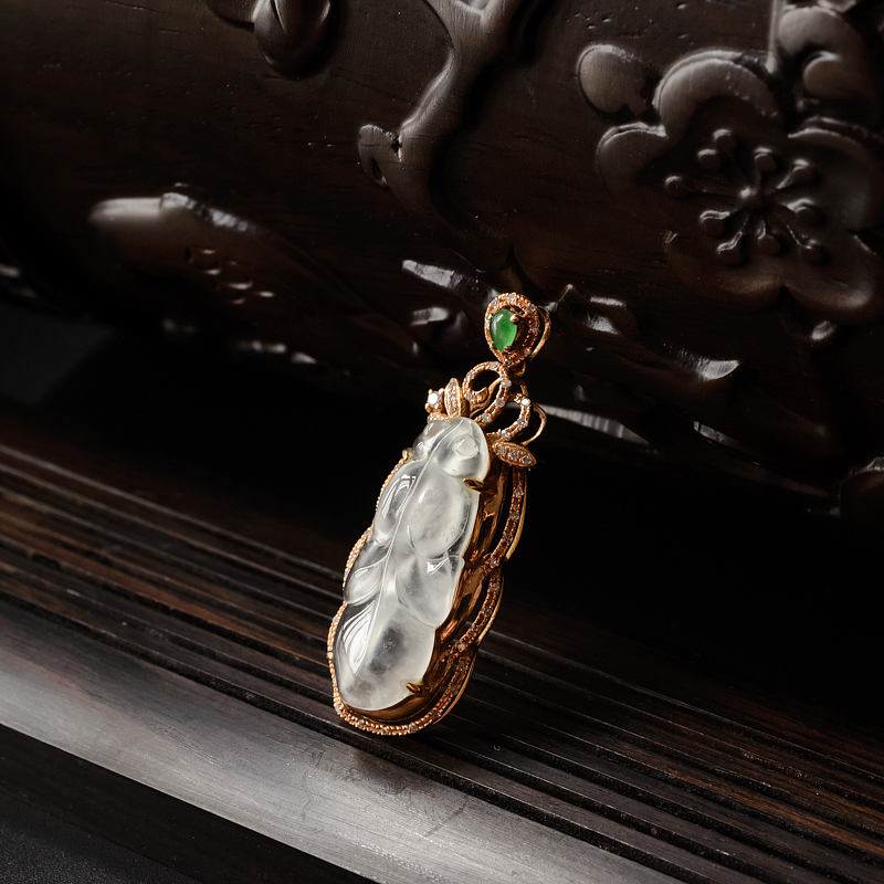 缅甸天然冰种翡翠金鱼吊坠-红掌柜