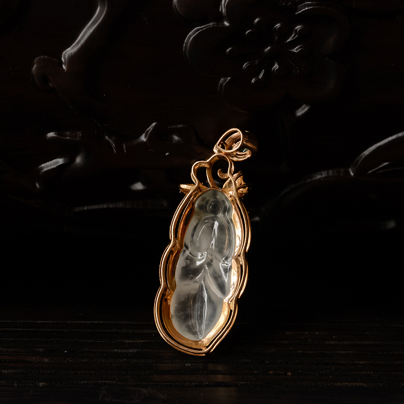 18K镶钻缅甸冰种翡翠金鱼吊坠-红掌柜