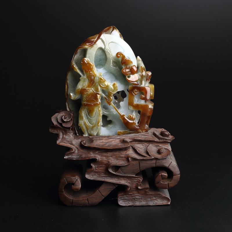 缅甸天然糯种淡绿飘黄翡翡翠关公摆件-红掌柜